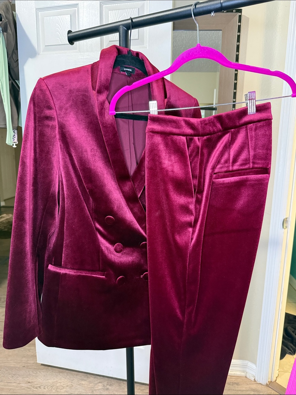 Velvet Double-Breasted Blazer & Trouser Set - Burgundy